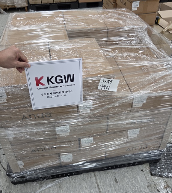 KGW Anua product pallet wrapped for international wholesale shipment from Korea.